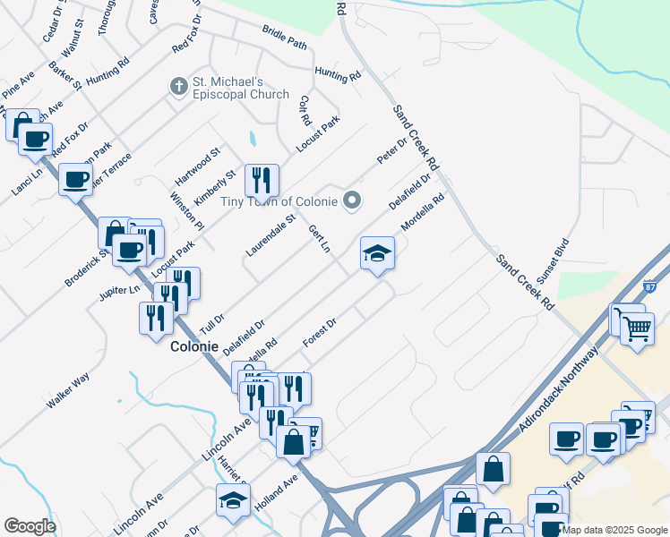 map of restaurants, bars, coffee shops, grocery stores, and more near 46 Mordella Road in Colonie