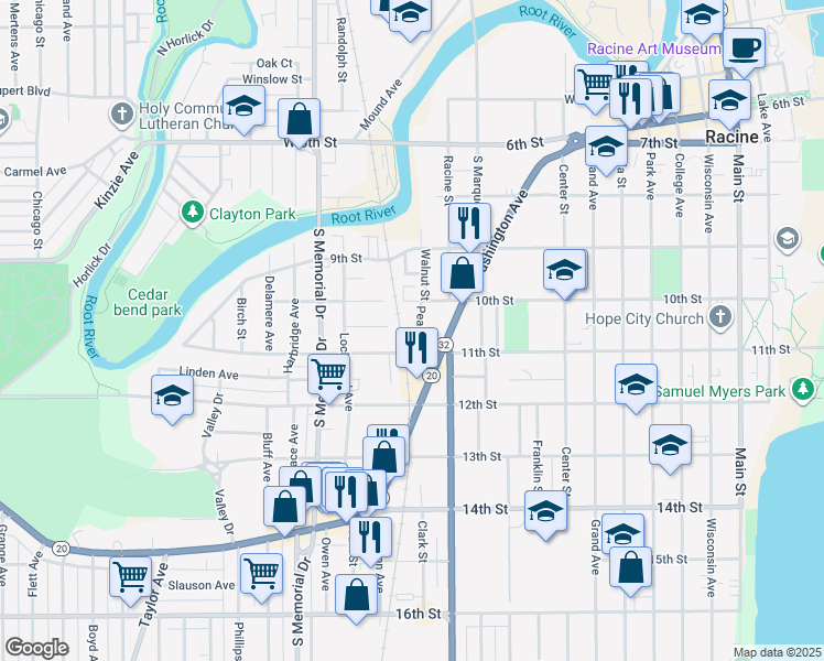 map of restaurants, bars, coffee shops, grocery stores, and more near 24 11th Street in Racine