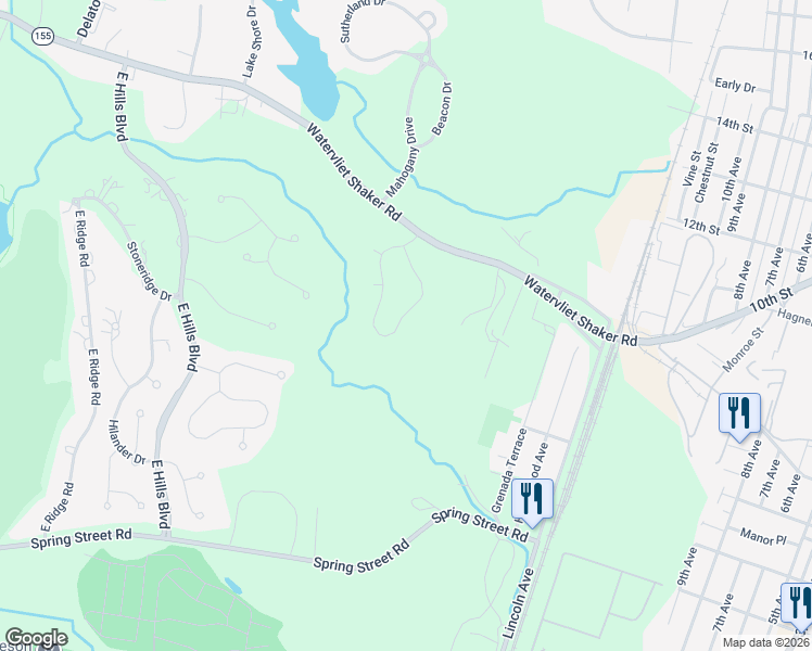 map of restaurants, bars, coffee shops, grocery stores, and more near 87 Bridgewood Lane in Watervliet