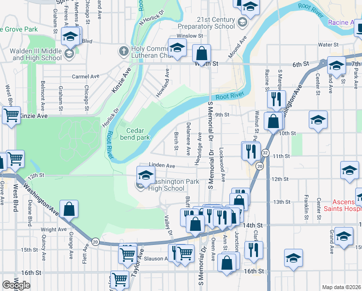 map of restaurants, bars, coffee shops, grocery stores, and more near 1724 11th Street in Racine