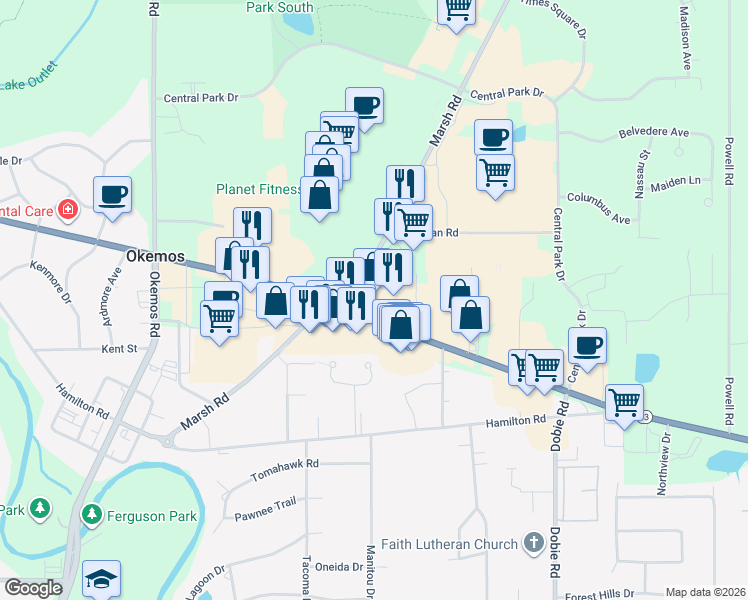 map of restaurants, bars, coffee shops, grocery stores, and more near 1930 West Grand River Avenue in Meridian charter Township