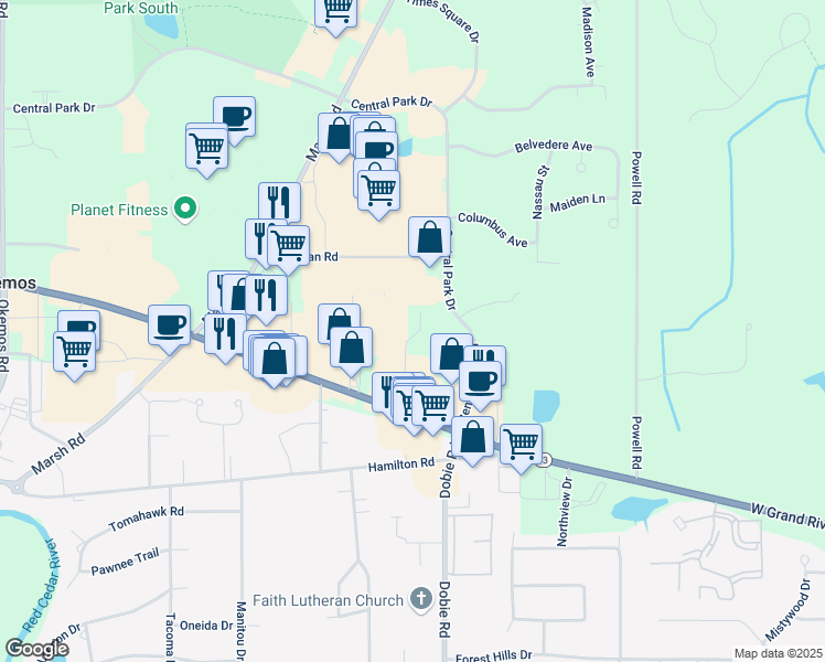 map of restaurants, bars, coffee shops, grocery stores, and more near 4800 Country Way in Meridian charter Township