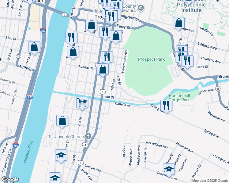 map of restaurants, bars, coffee shops, grocery stores, and more near 111 Ida Street in Troy