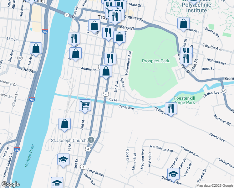 map of restaurants, bars, coffee shops, grocery stores, and more near 92 Ida Street in Troy