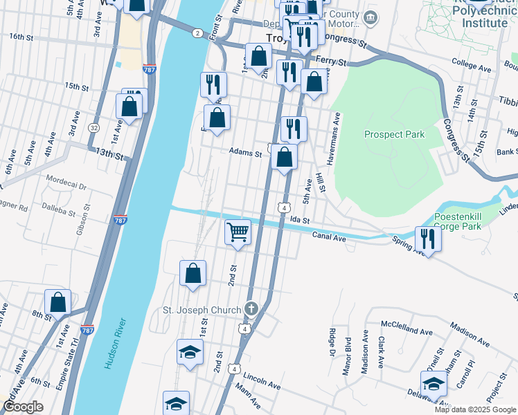 map of restaurants, bars, coffee shops, grocery stores, and more near 296 2nd Street in Troy
