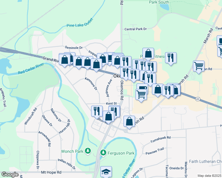 map of restaurants, bars, coffee shops, grocery stores, and more near 4792 Ardmore Avenue in Meridian charter Township