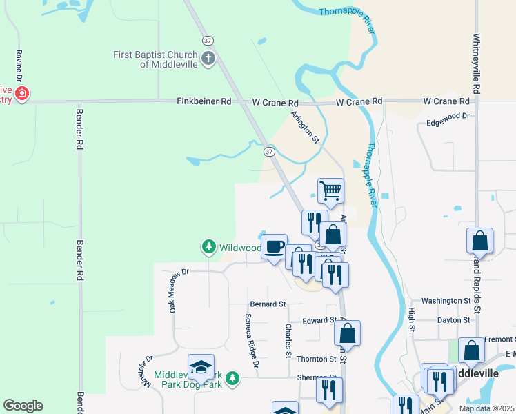 map of restaurants, bars, coffee shops, grocery stores, and more near 517 Towne Centre Drive in Middleville