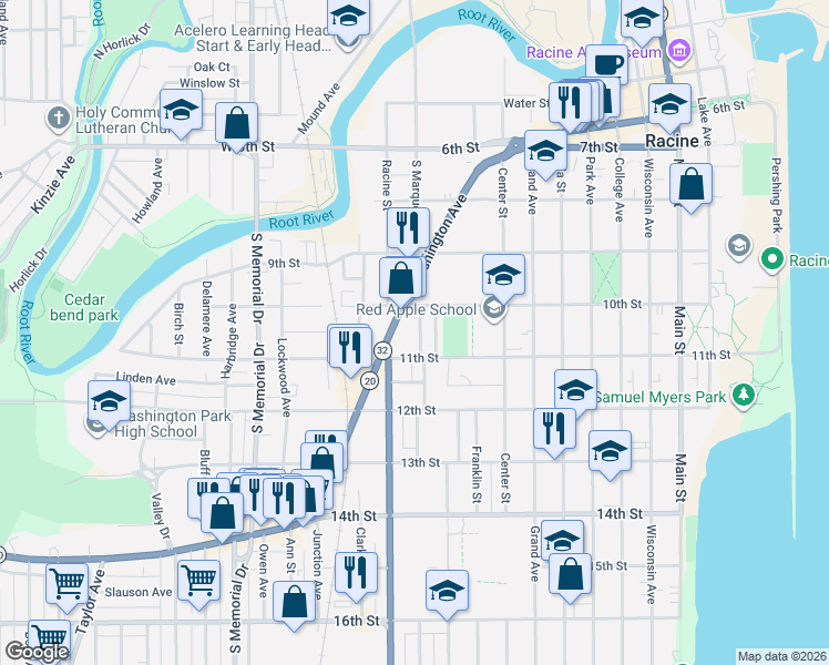 map of restaurants, bars, coffee shops, grocery stores, and more near 1101 Racine Street in Racine