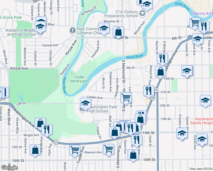 map of restaurants, bars, coffee shops, grocery stores, and more near 1724 11th Street in Racine