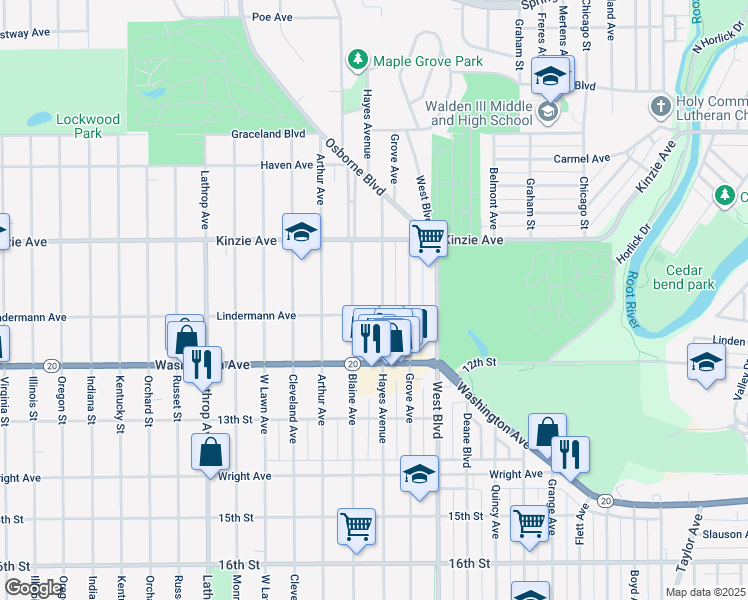 map of restaurants, bars, coffee shops, grocery stores, and more near 1104 Hayes Avenue in Racine