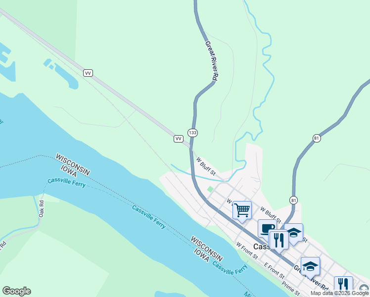 map of restaurants, bars, coffee shops, grocery stores, and more near 5877 Wisconsin 133 in Cassville