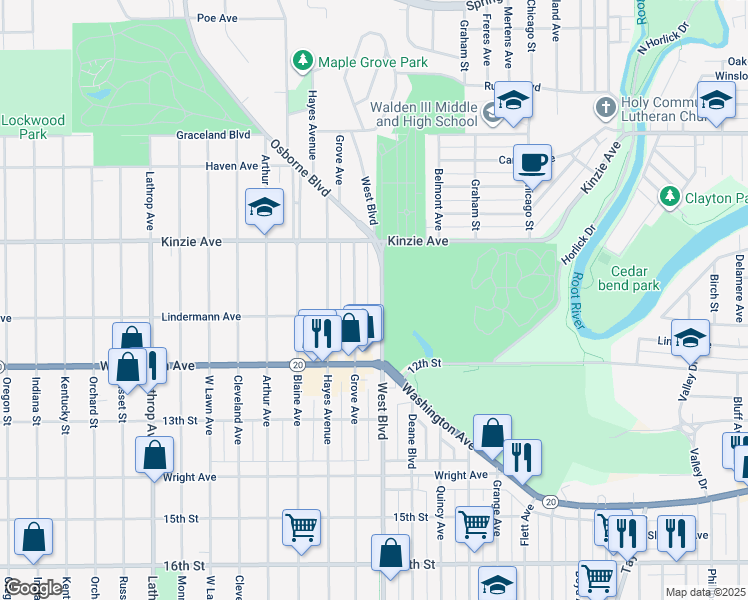 map of restaurants, bars, coffee shops, grocery stores, and more near 1051-1199 West Blvd in Racine