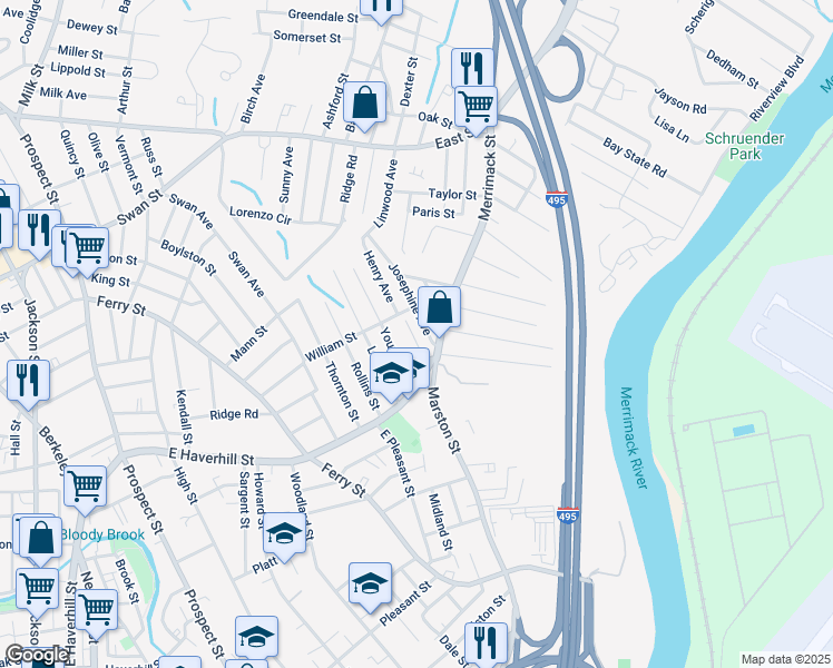 map of restaurants, bars, coffee shops, grocery stores, and more near 16 Young Avenue in Lawrence