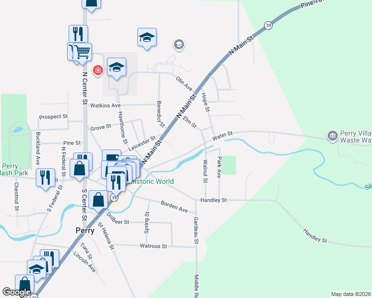 map of restaurants, bars, coffee shops, grocery stores, and more near 98 North Main Street in Perry