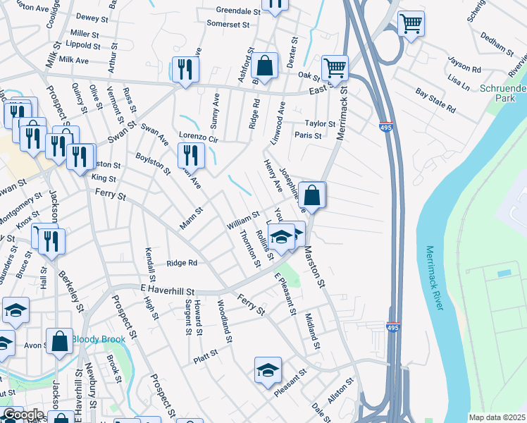 map of restaurants, bars, coffee shops, grocery stores, and more near 84 Leroy Ave in Lawrence