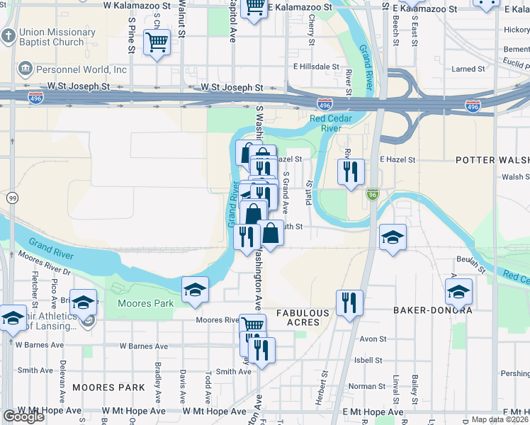 map of restaurants, bars, coffee shops, grocery stores, and more near 1133 South Washington Avenue in Lansing