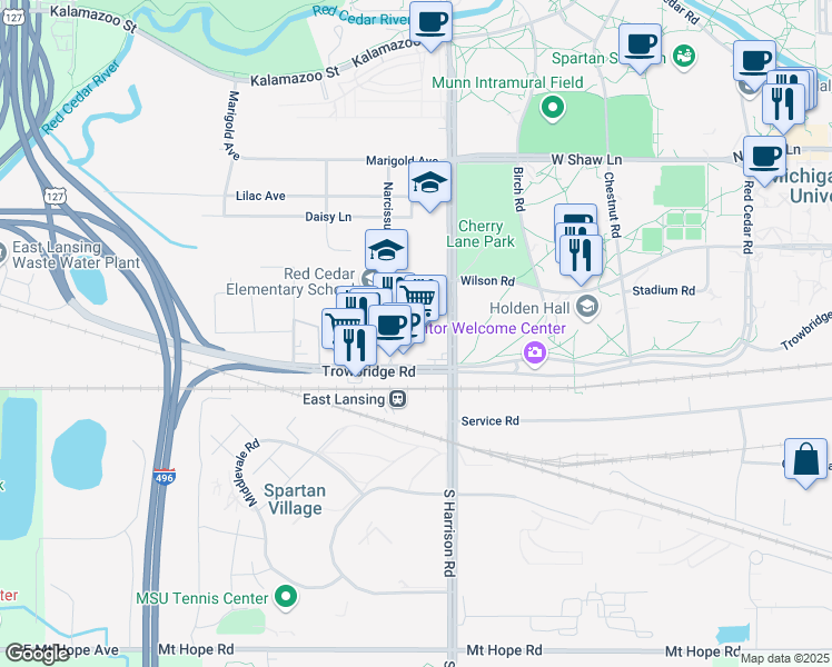 map of restaurants, bars, coffee shops, grocery stores, and more near 1120 South Harrison Road in East Lansing