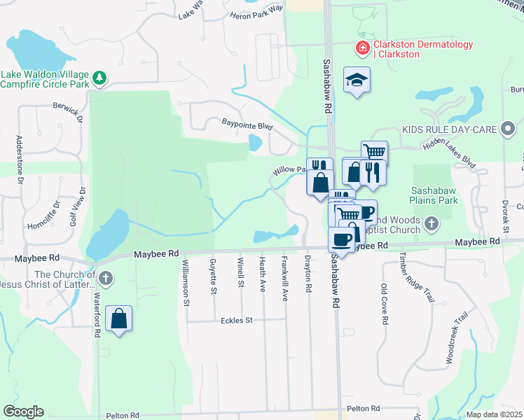 map of restaurants, bars, coffee shops, grocery stores, and more near 5863 Willow Park Road in Clarkston
