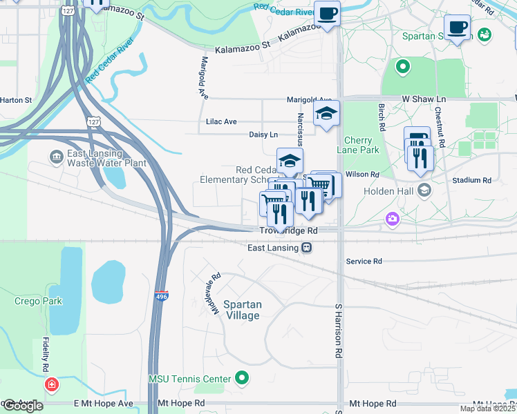 map of restaurants, bars, coffee shops, grocery stores, and more near 1111 Palmer Lane in East Lansing