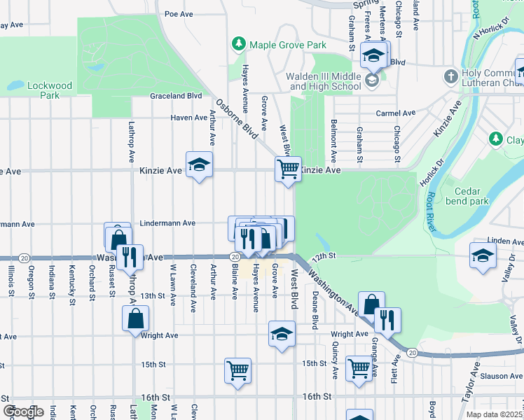 map of restaurants, bars, coffee shops, grocery stores, and more near 938 Grove Avenue in Racine