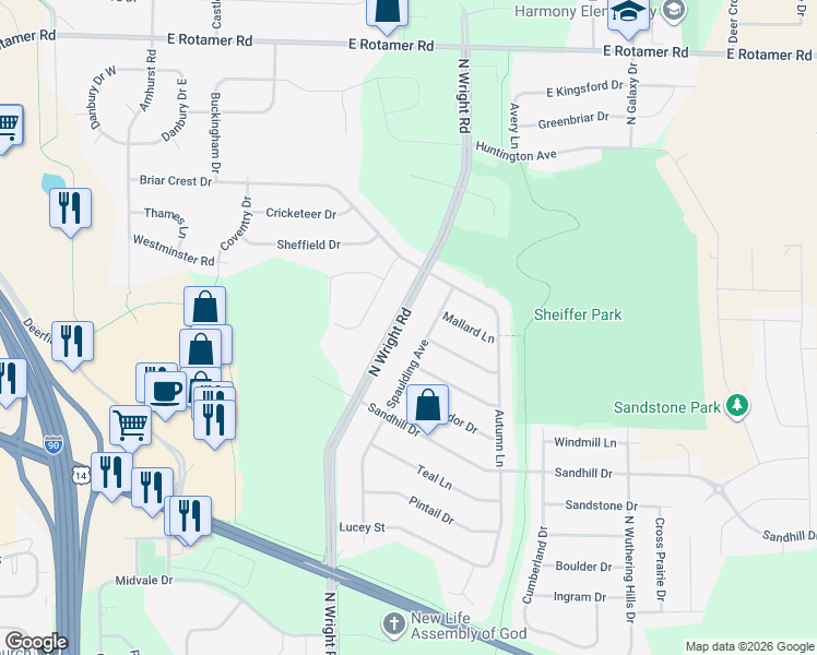 map of restaurants, bars, coffee shops, grocery stores, and more near 3315 North Wright Road in Janesville