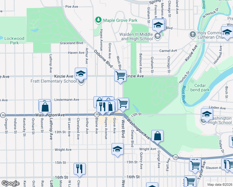 map of restaurants, bars, coffee shops, grocery stores, and more near 938 Grove Avenue in Racine