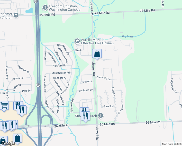 map of restaurants, bars, coffee shops, grocery stores, and more near 58001 Jewell Road in Washington