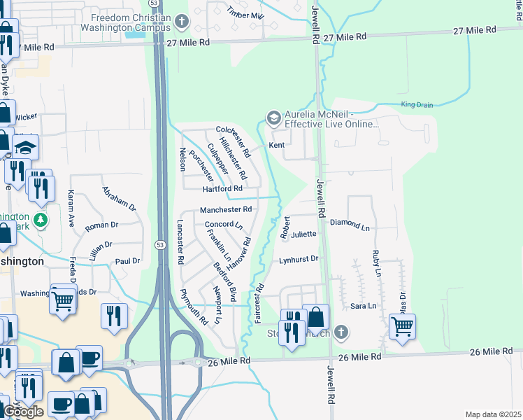map of restaurants, bars, coffee shops, grocery stores, and more near 58164 Hillchester Road in Washington