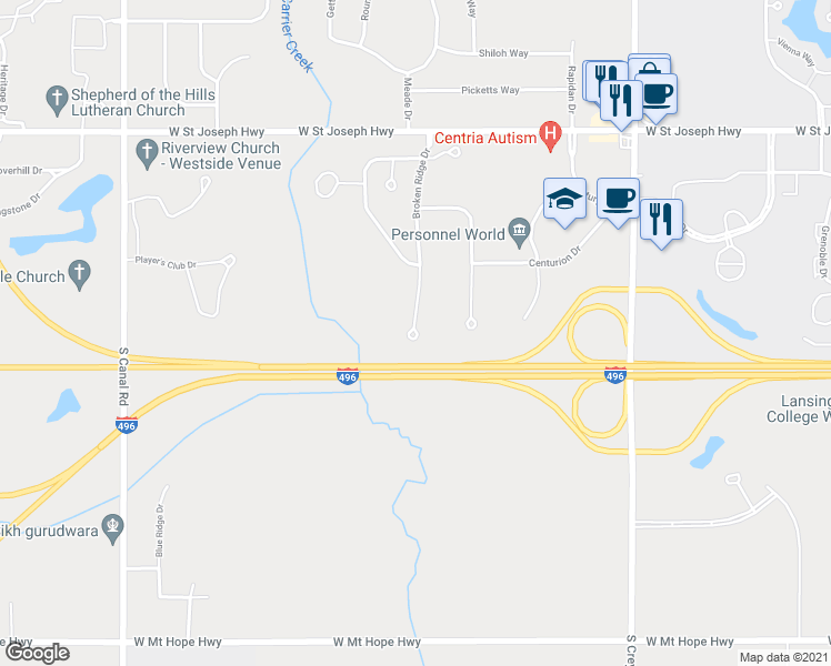 map of restaurants, bars, coffee shops, grocery stores, and more near 1039 Broken Ridge Drive in Lansing