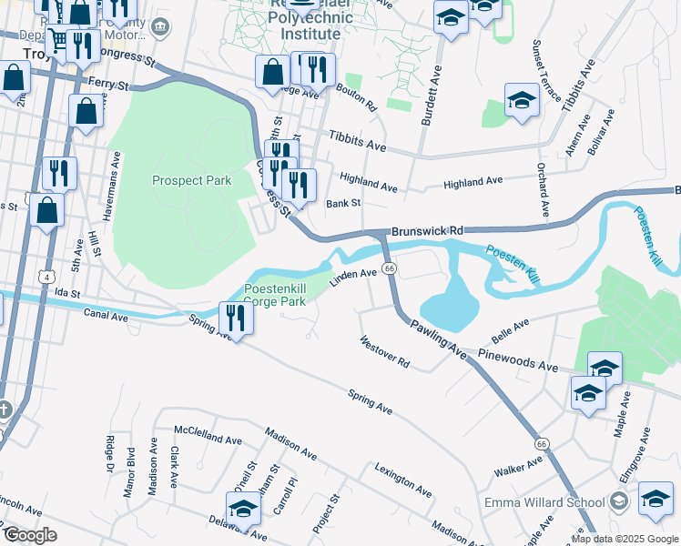 map of restaurants, bars, coffee shops, grocery stores, and more near 19 Linden Avenue in Troy