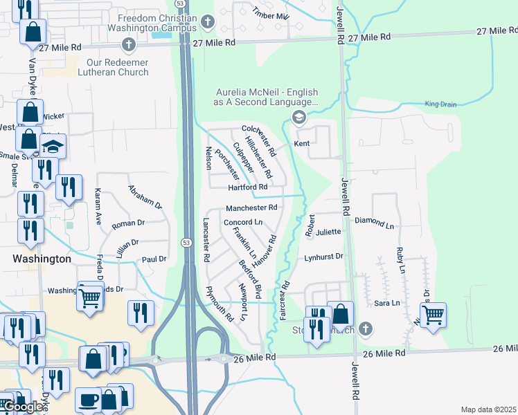 map of restaurants, bars, coffee shops, grocery stores, and more near 11244 Manchester Road in Washington