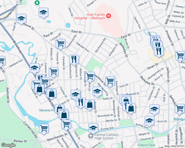 map of restaurants, bars, coffee shops, grocery stores, and more near 342 Lawrence Street in Lawrence