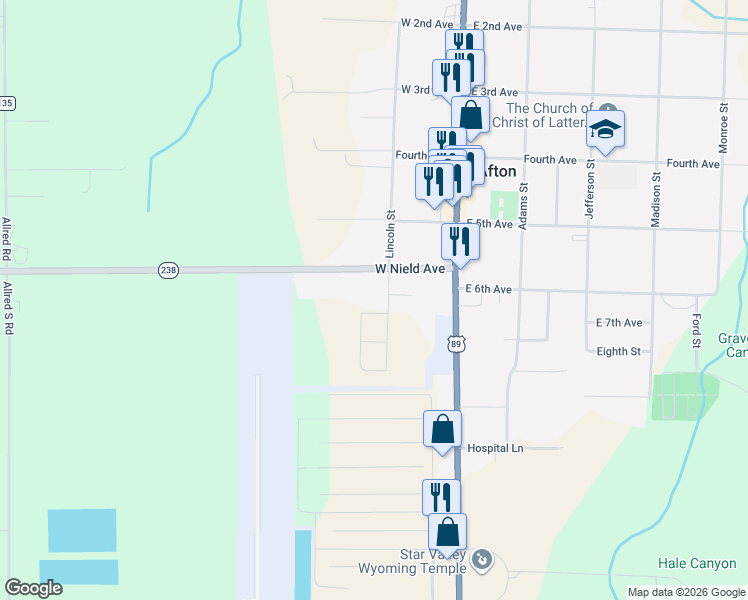 map of restaurants, bars, coffee shops, grocery stores, and more near 700 Lincoln Street in Afton