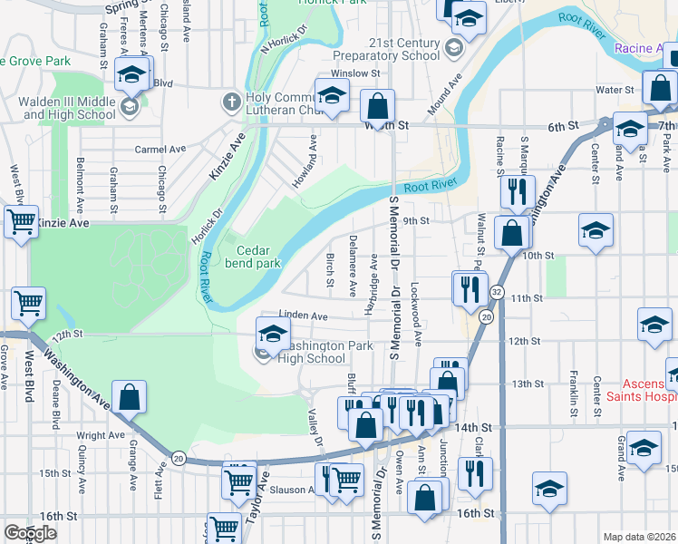 map of restaurants, bars, coffee shops, grocery stores, and more near 924 Delamere Avenue in Racine