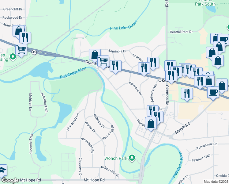 map of restaurants, bars, coffee shops, grocery stores, and more near 2294 Hamilton Road in Meridian charter Township