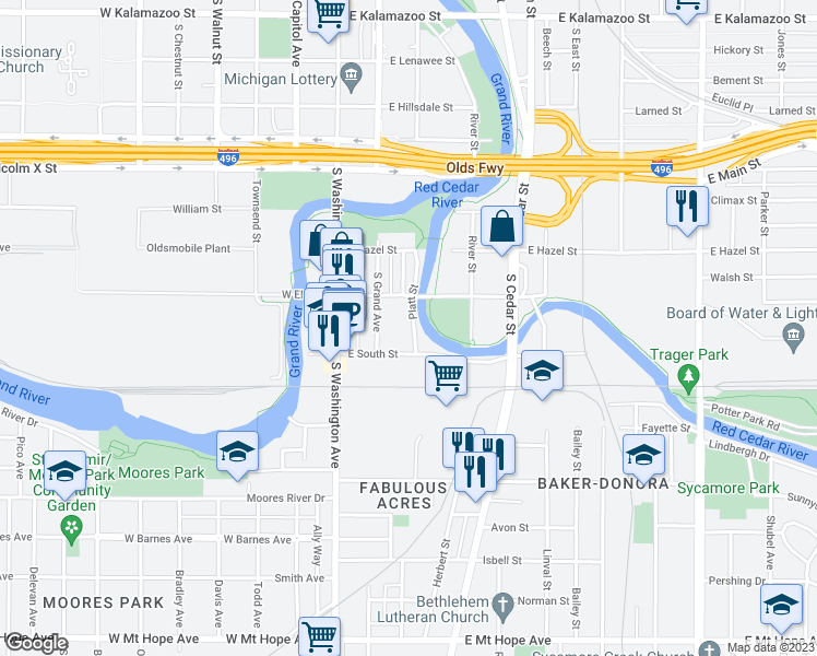map of restaurants, bars, coffee shops, grocery stores, and more near 1128 Platt Street in Lansing