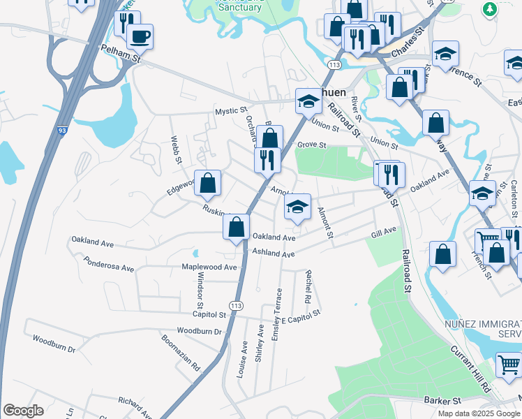 map of restaurants, bars, coffee shops, grocery stores, and more near 94 Lowell Street in Methuen