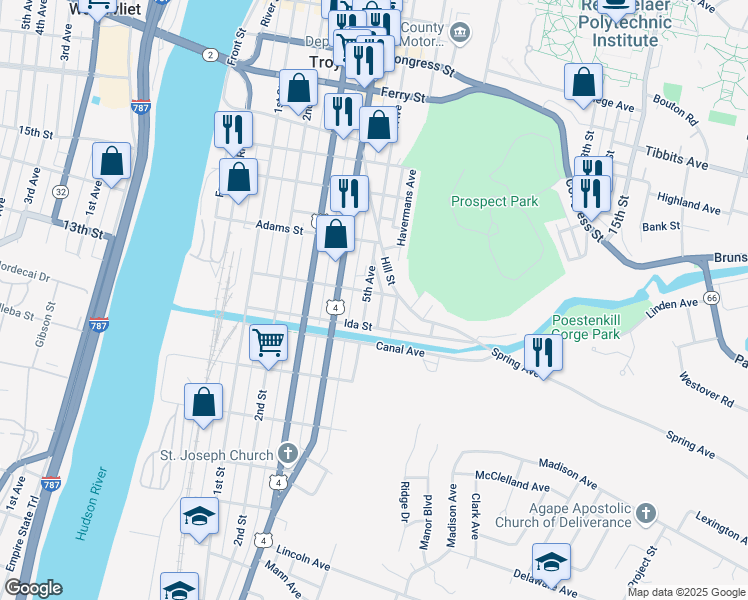 map of restaurants, bars, coffee shops, grocery stores, and more near 117 Hill Street in Troy