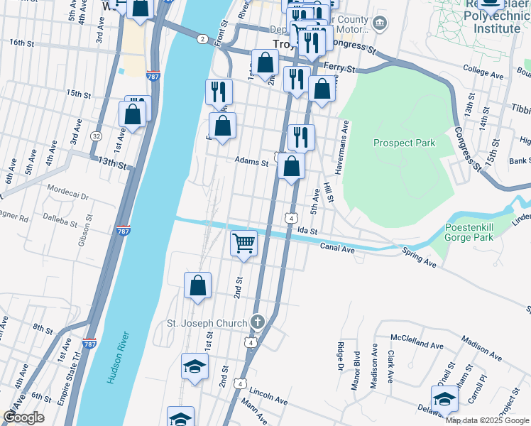map of restaurants, bars, coffee shops, grocery stores, and more near 262 2nd Street in Troy