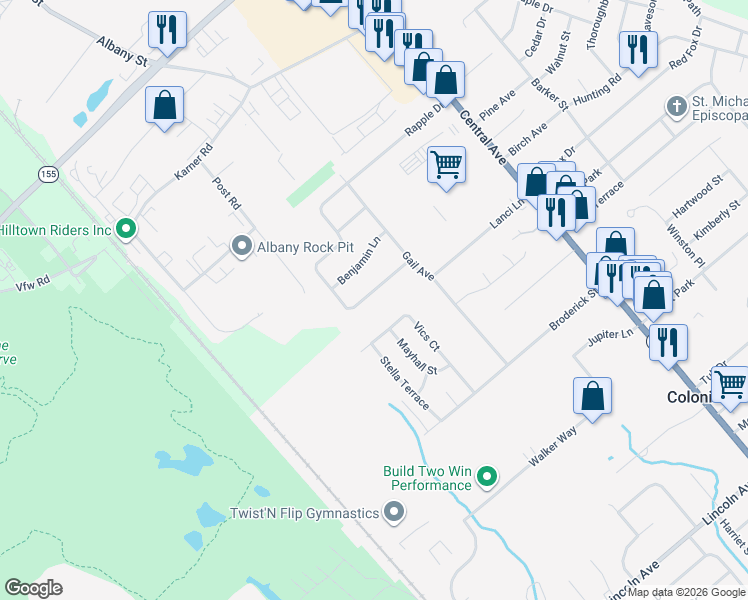 map of restaurants, bars, coffee shops, grocery stores, and more near 110 Rapple Drive in Colonie
