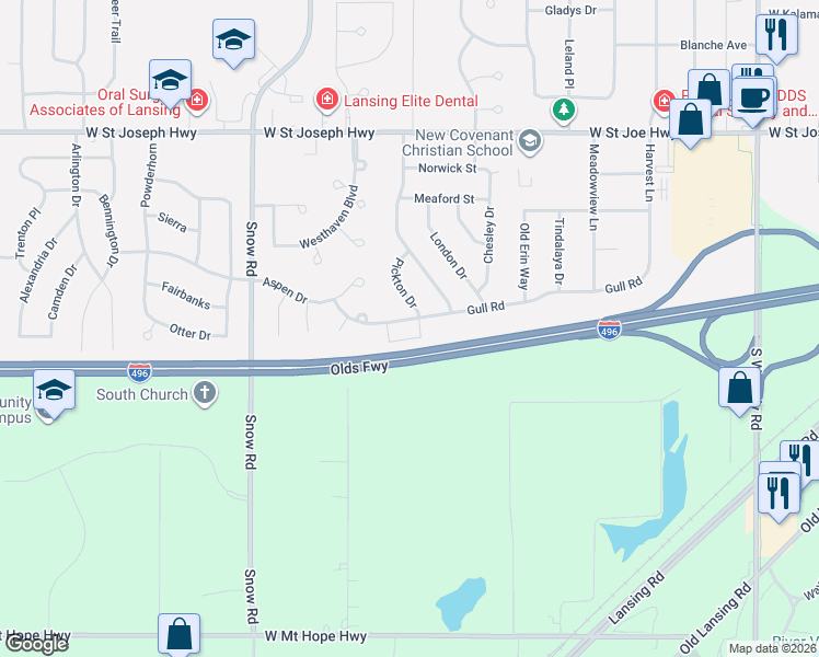 map of restaurants, bars, coffee shops, grocery stores, and more near 1066 Pickton Drive in Lansing