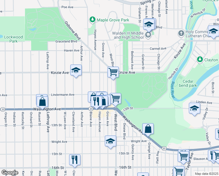 map of restaurants, bars, coffee shops, grocery stores, and more near 938 Grove Avenue in Racine