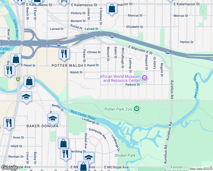map of restaurants, bars, coffee shops, grocery stores, and more near 1200 Bensch Street in Lansing
