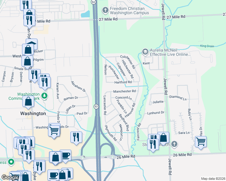 map of restaurants, bars, coffee shops, grocery stores, and more near 11162 Hartford Road in Washington