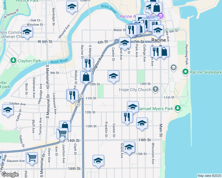 map of restaurants, bars, coffee shops, grocery stores, and more near 1012 Center Street in Racine