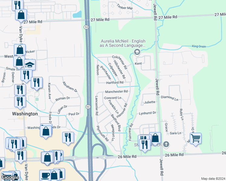 map of restaurants, bars, coffee shops, grocery stores, and more near 11151 Manchester Road in Washington