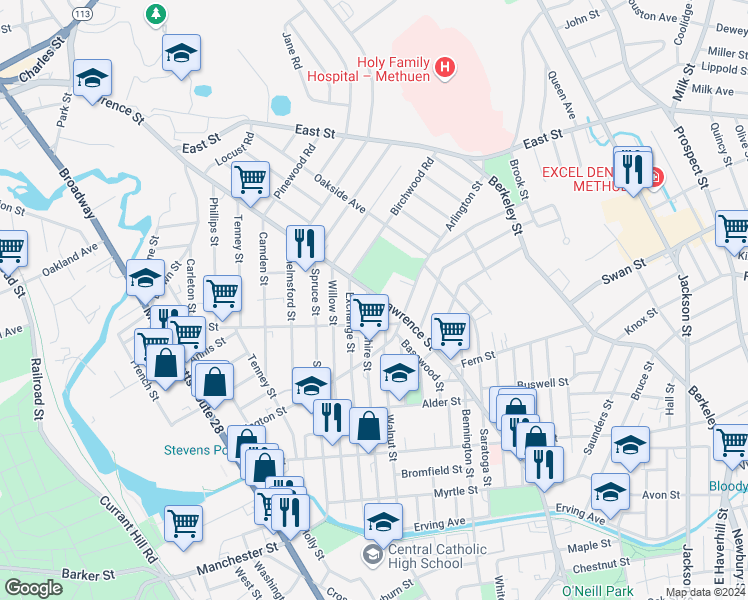 map of restaurants, bars, coffee shops, grocery stores, and more near 348 Lawrence Street in Lawrence