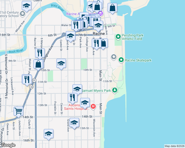 map of restaurants, bars, coffee shops, grocery stores, and more near 1014 Wisconsin Avenue in Racine