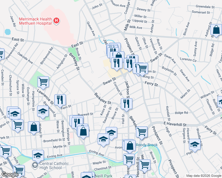 map of restaurants, bars, coffee shops, grocery stores, and more near 42 Cornish Street in Lawrence