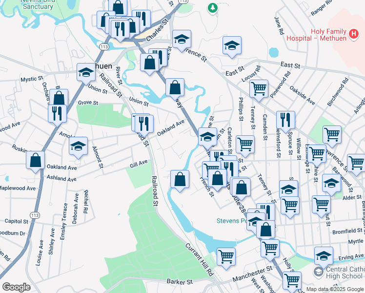 map of restaurants, bars, coffee shops, grocery stores, and more near 46 Edmond Street in Methuen